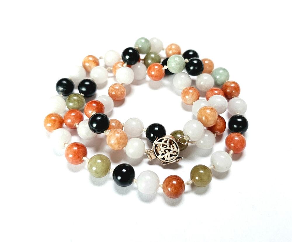 Vintage Jadeite Bead Necklace: Multi-Color Knotted Silk, Sterling Clasp 21.5"